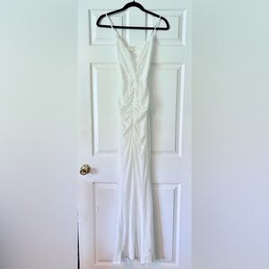 Bella and Bloom white sequined ruched Maxi Dress -with slit in the front.